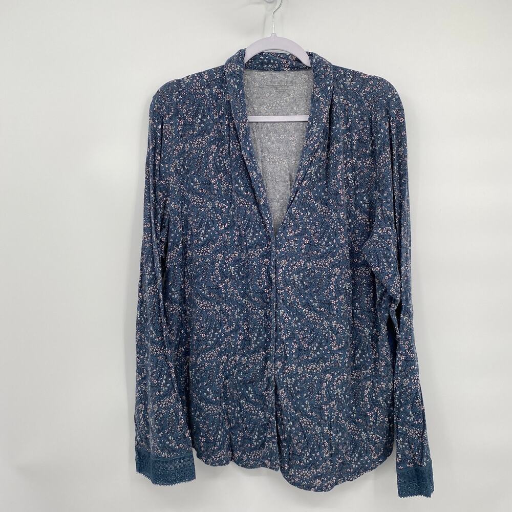 Victoria's Secret Blue Floral Pajama Top Button Up V-neck Women's XL